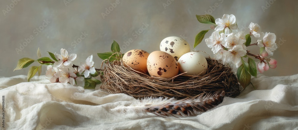 Aufkleber easter eggs in a nest with cherry blossoms on a linen cloth depicting a serene spring still life com