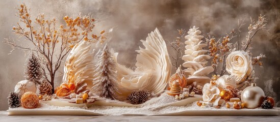 Elegant winter holiday decoration with soft neutral tones featuring pinecones, flowers, and ornaments on a textured surface.