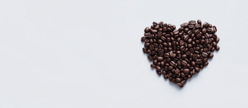 Heart shape created from roasted coffee beans on a clean white background for love and coffee themed design concepts