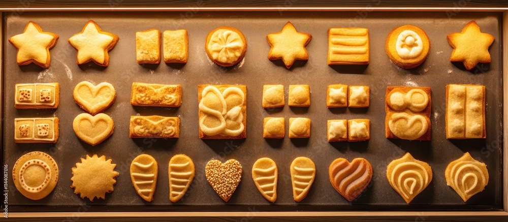 Aufkleber Homemade shortbread cookies in various shapes arranged on a tray creating a warm and inviting baking atmosphere for childrenâ€™s decoration activities