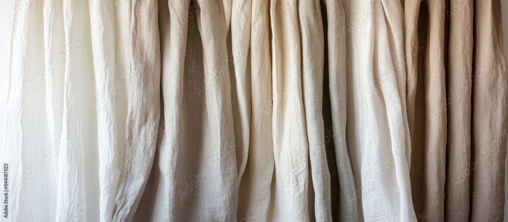 Poster selection of elegant fabric curtains in various textures and shades displayed in a market setting fo