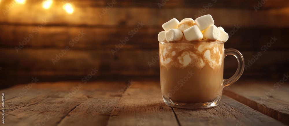 Poster cozy hot cocoa with marshmallows in a glass mug on rustic wooden table illuminated by warm festive l