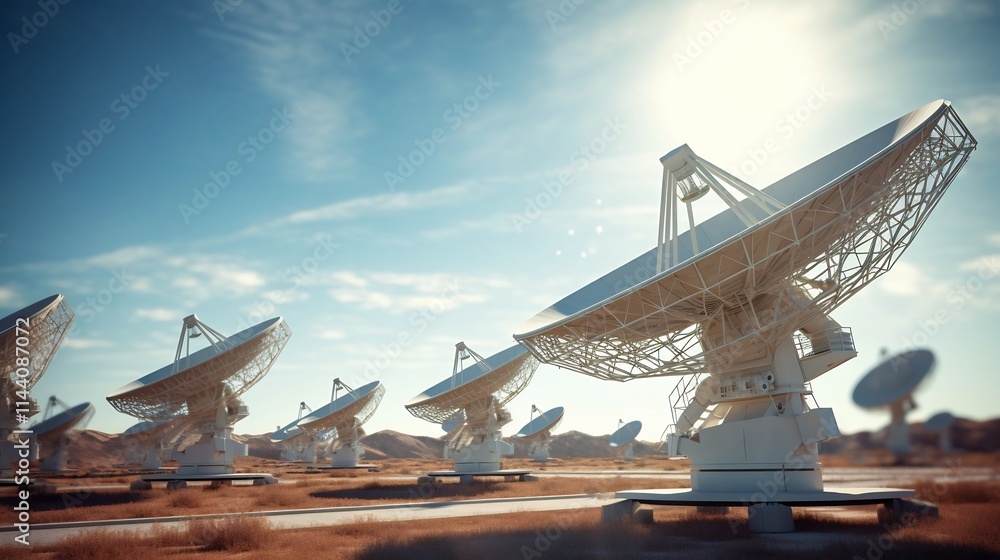 Poster close up view of a satellite communication dish array installed at a ground control station facility
