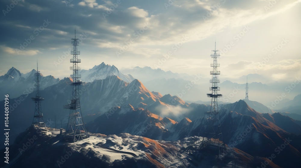 Poster a breathtaking aerial view of a rugged mountain ridge with a network of communication towers and inf