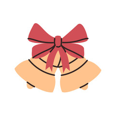 Gold bells with red bow. Jingle bell. Christmas decor. Xmas toy.
