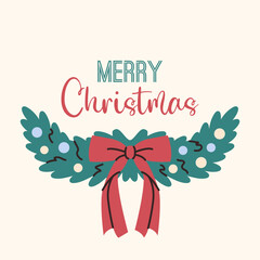 Christmas fir branch card. Xmas postcard. Blue spruce with bow.