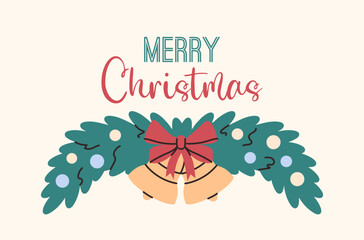 Christmas fir branch card. Xmas postcard. Blue spruce with bells.