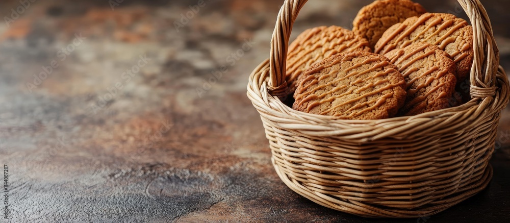 Aufkleber Gingerbread cookies in a wicker basket with a blank card for personalized messages on a rustic wooden surface