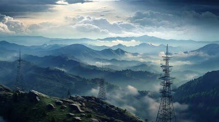 Obraz premium Majestic mountain ridge stretching across the horizon dotted with towering communication structures that reach up towards the vast open skies