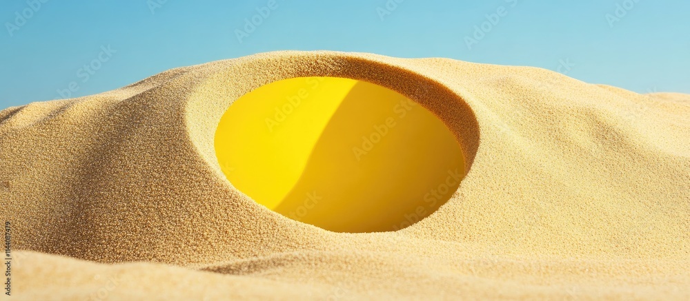 Poster hole in sand revealing a vibrant yellow backdrop symbolizing summer days and seasonal warmth in a se