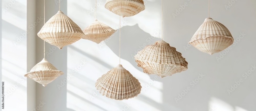 Poster Intricate hanging shell mobile casting soft shadows on a bright white wall ideal for enhancing coastal home decor aesthetics