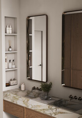 Side view of a modern style bathroom with a marble sink, metal faucets, a mirror, a vase with green leaves, a wooden tub, shelves with cosmetics, shampoos, soap