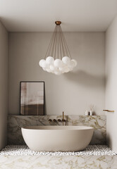 Modern classic bathroom with a ceramic bathtub, gold faucets, a hanging chandelier with glass balls, a frame picture, marble tiles, pebbles, beige walls