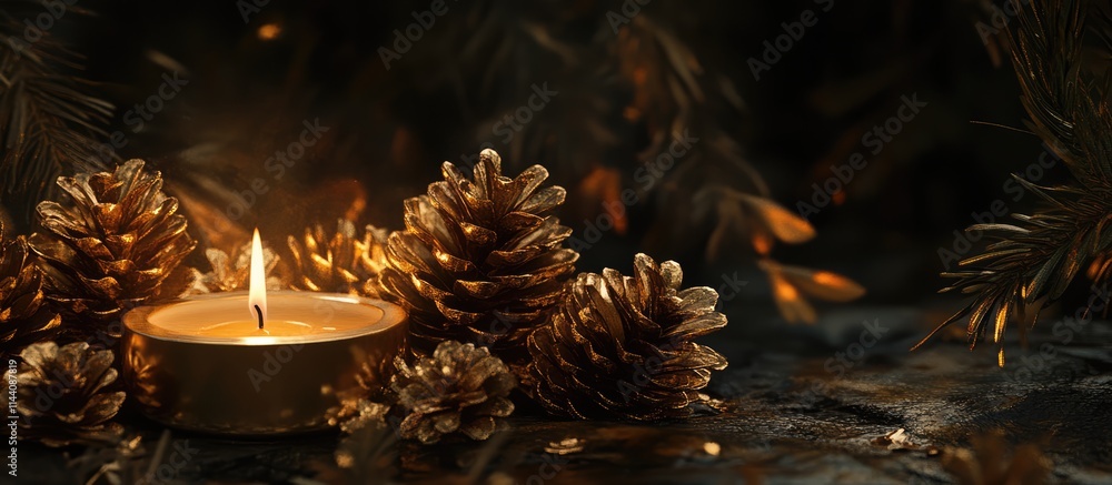 Poster heart shaped holiday background featuring golden pine cones and a candle with a warm bokeh effect cr