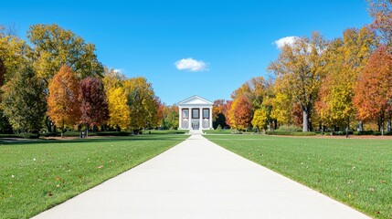 Fototapeta premium Autumnal campus scene with pathway leading to a classical building.