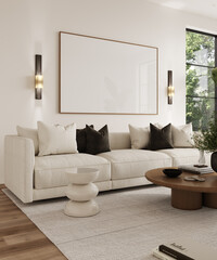 Side view of elegant living room with large painting, beige sofa with black and white pillows, coffee tables against carpet and wooden floor background
