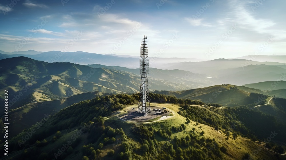 Poster aerial drone shot of a communication tower standing tall on a hill providing wireless coverage and c