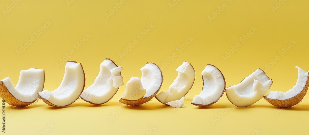 Poster fresh coconut halves and slices arranged on yellow backdrop showcasing unique textures and shapes fo