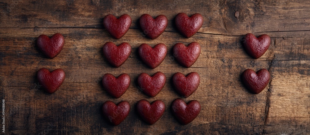 Poster heart shaped cookies arranged on rustic wooden table creating a festive ambiance for valentine's day