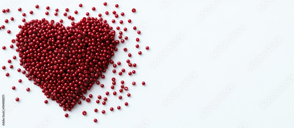 Poster red bead heart arrangement on white background with space for header text, perfect for romantic them