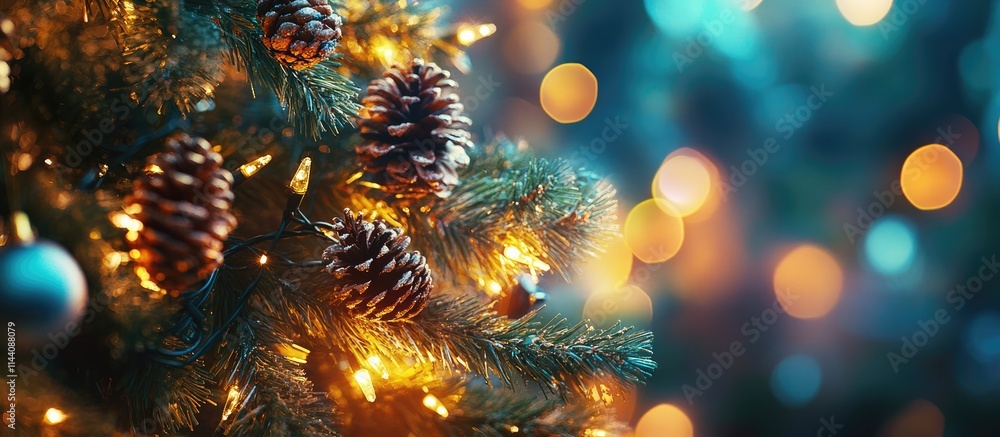 Leinwandbilder new year celebration background with christmas tree, pine cones and festive decorations illuminated 