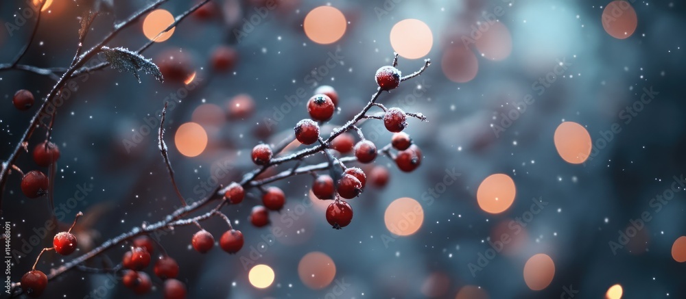Poster holiday backdrop with berries and fir branches illuminated by bokeh lights on textured surface featu