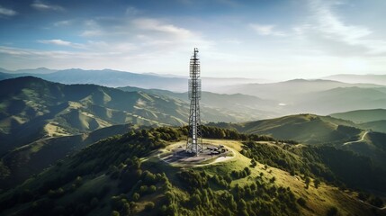 Aerial drone shot of a communication tower standing tall on a hill providing wireless coverage and connectivity to the sprawling rural valley below