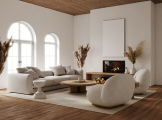 Side view of a living room interior in a cozy house with large windows and beige furniture 