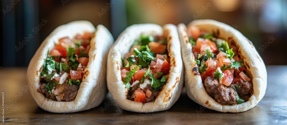 Poster delicious filled pitas with fresh toppings on a rustic table showcasing mediterranean cuisine in a v