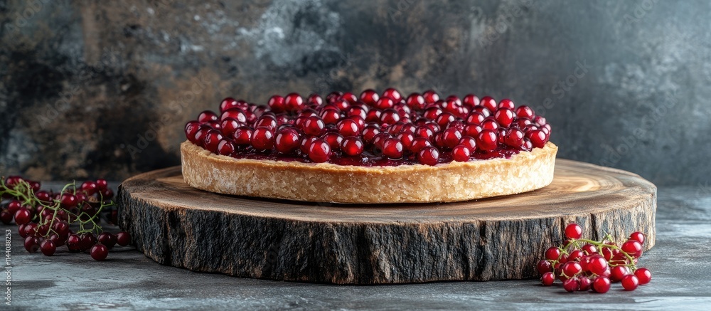 Wall mural Homemade black currant pie on wooden board garnished with fresh berries showcasing rustic dessert presentation