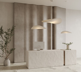 Side view of the minimalist hotel lobby, office, business center, store with beige walls, marble floor, stone reception desk, and accent lights. 3d render