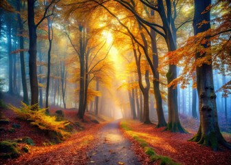 Fototapeta premium Dreamlike autumn dawn, mystical forest bathed in ethereal light.