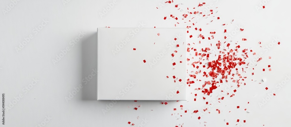 Poster holiday gift box on white background with red confetti and empty space for custom text or designs ce
