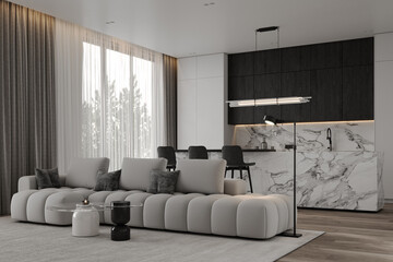 Cozy interior of a country house in a modern style. Side view of the kitchen-living room, a large sofa with designer tables, a marble island, white and black kitchen cabinets.