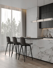 Side view of marble kitchen island with bar stools, accent chandelier against black and white kitchen cabinets. A country house in a modern style with large windows, close to the forest. 3d render
