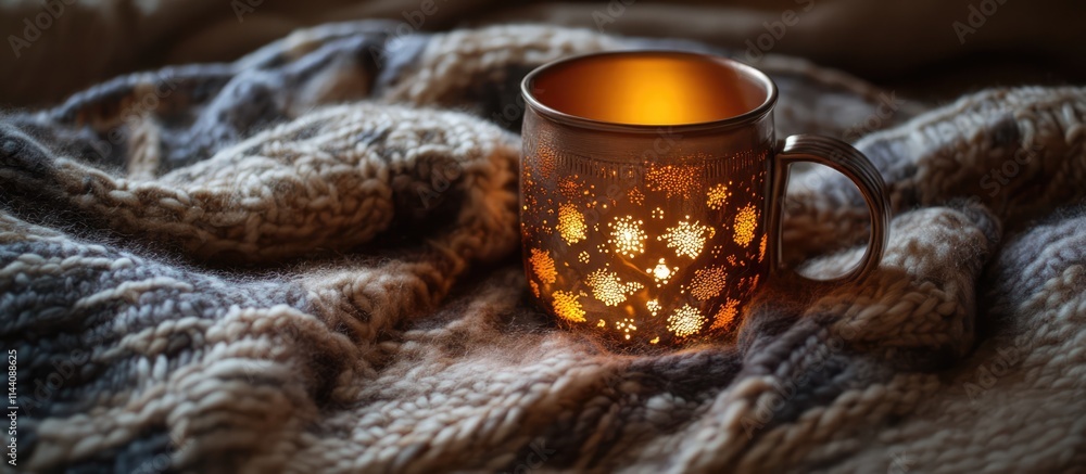 Poster cozy hot cocoa mug with decorative lighting on a textured wool scarf creating a warm and inviting ho