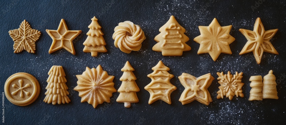 Poster assorted homemade christmas cookies in festive shapes arranged on a dark surface with a sprinkle of 