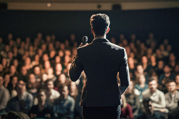 Fototapeta premium Male speaker addresses diverse audience in packed auditorium