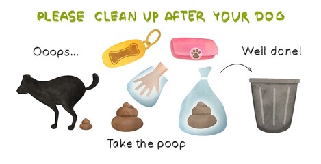 Clean up after pet step infographic. Dog poop bags, Defecation hygiene information for owner, Shitting, trash bag illustration, Instructions for collecting excrement after walking with dog
