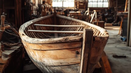 Obraz premium Handcrafted vintage wooden boat in a rustic barn showcasing detailed craftsmanship and aged materials in a close-up perspective