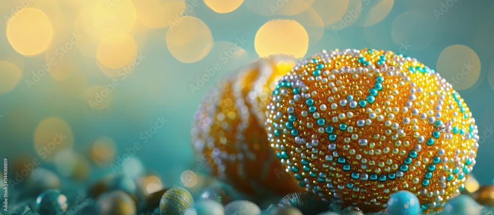 Poster colorful bead decorated eggs with bokeh background creating a vibrant and festive easter celebration