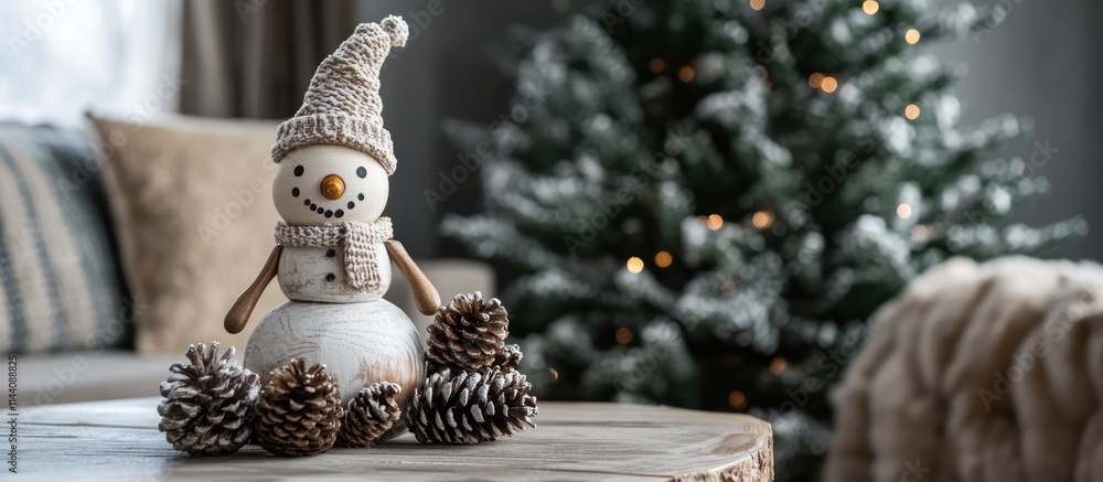 Poster handmade wooden snowman decorated with pine cones on a table with a christmas tree and snowy backdro