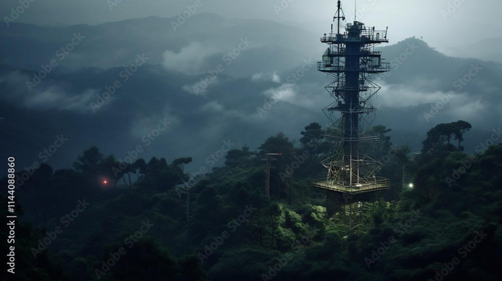 Poster signal tower standing tall amidst a dense verdant forest providing crucial connectivity and communic