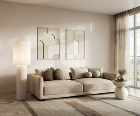Cozy ethnic modern home design beige living room with warm sunlight on wall with paintings, beige sofa with pillows, coffee table, floor lamp on carpet background. 3d render