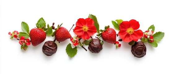 Elegant greeting card design in German with vibrant edible flowers and chocolate dipped strawberries arranged on a clean white background