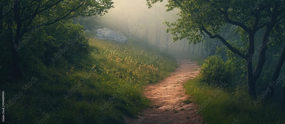 Aufkleber serene hiking trail winding through lush mountainside with morning mist and soft sunlight filtering 