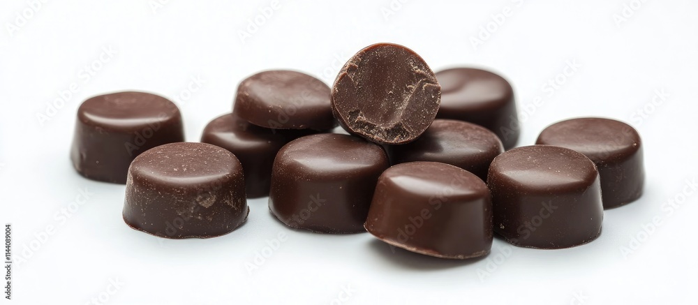 Poster chocolate candy truffles arranged artistically on a white background showcasing their smooth texture