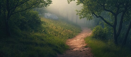 Obraz premium Serene hiking trail winding through lush mountainside with morning mist and soft sunlight filtering through the trees