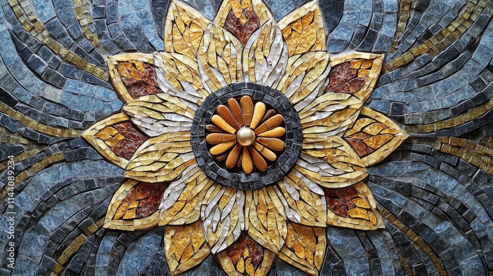 Poster handmade mosaic tile featuring intricate circular flower design ideal for home and business decorati