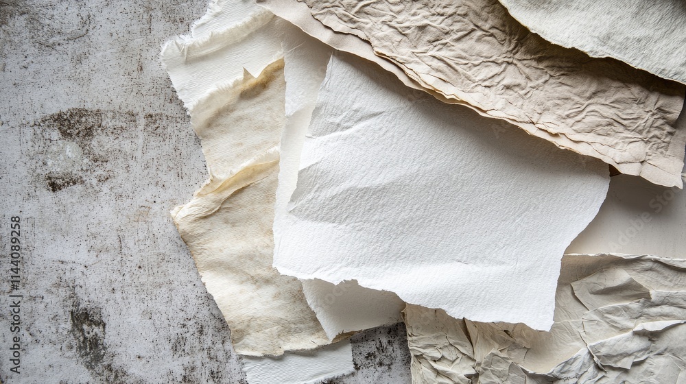 Poster handcrafted recycled paper sheets on textured background ideal for eco-friendly projects